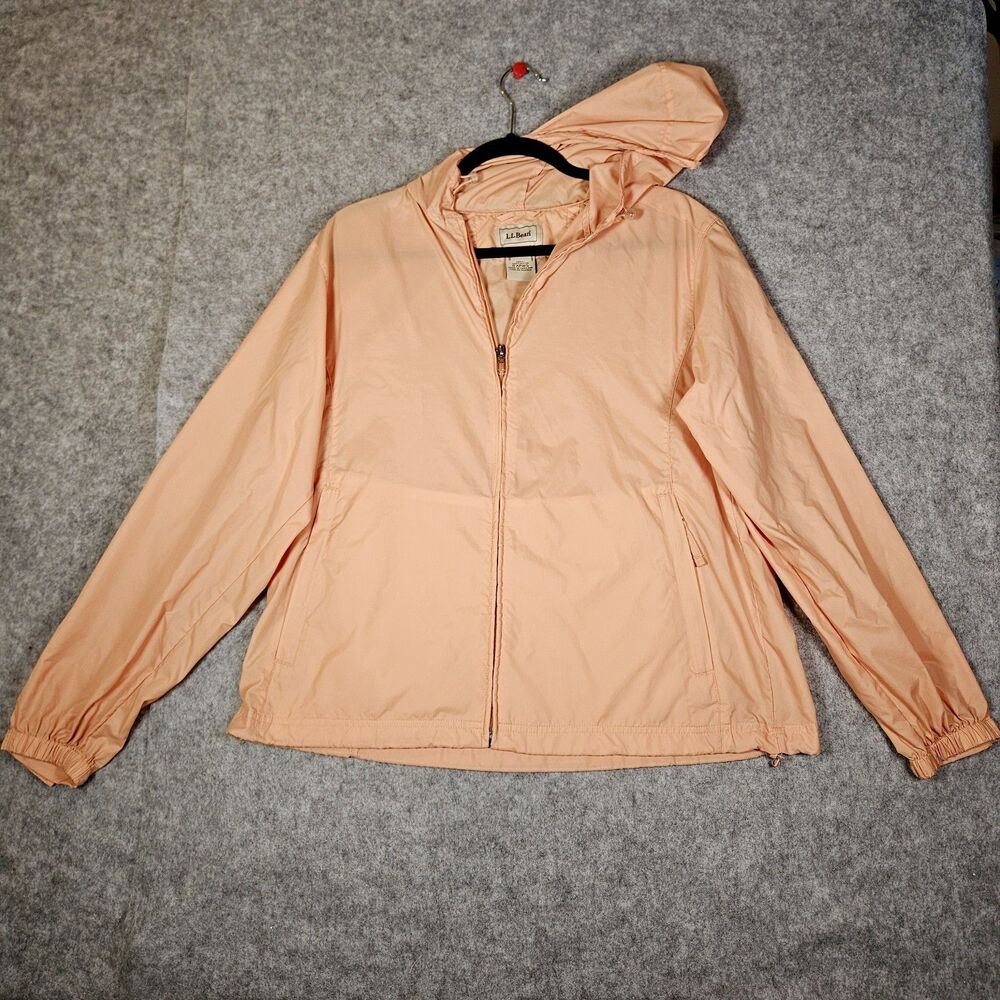 LL Bean Womens Peach Pink Orange Full Zip Hooded Rain Jacket 0 APW5 Size L Reg
